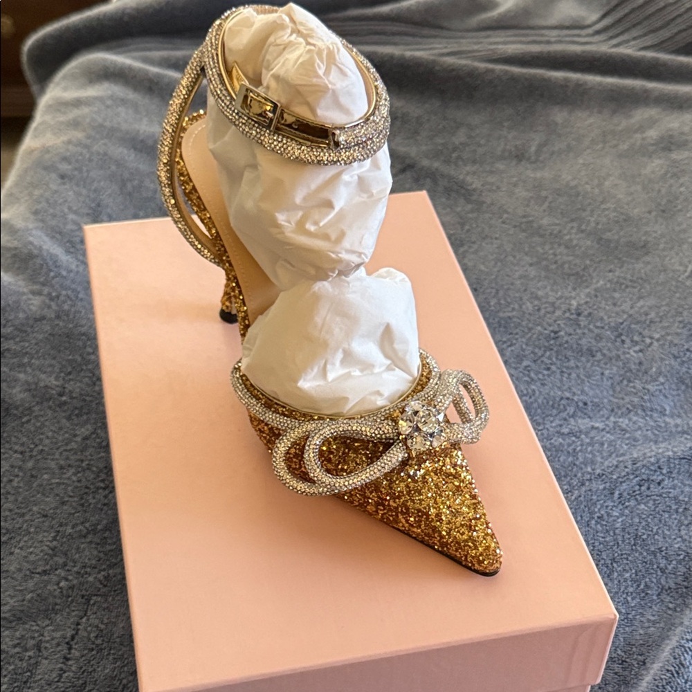 MACH & MACH Gold Glitter Heels with Silver Accents